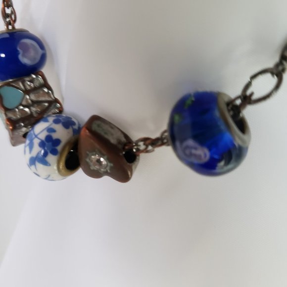 Unique Charms Hearts Glass Porcelain Love Rhinestone Beads Chain Bracelet 7.5 " - Picture 8 of 11